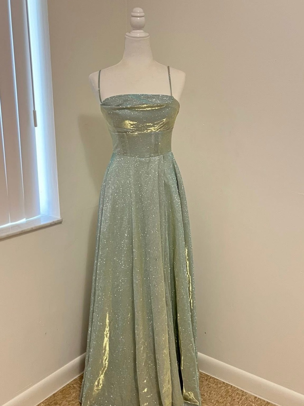 Windsor Sparkle Sage Green Spaghetti Strap Dress - Picture 1 of 4